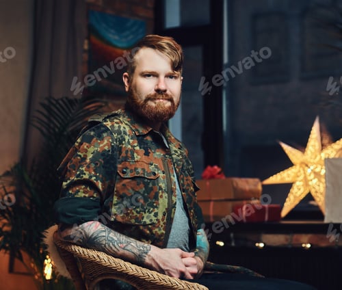 Preview: A man in a room with Christmas decoration.
