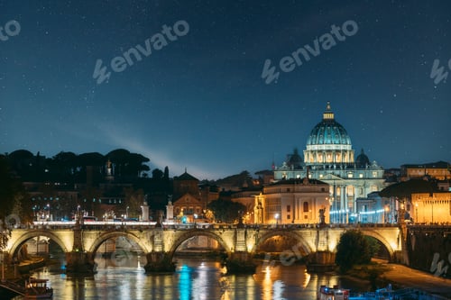 Preview: Rome, Italy. Papal Basilica Of St. Peter In The Vatican And Aelian Bridge In Evening Night