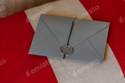 Preview: Wedding invitation card lies on red and white background