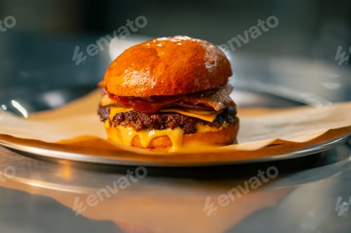 Preview: a Delicious fresh cheeseburger on plate with old grey background Fresh american kitchen