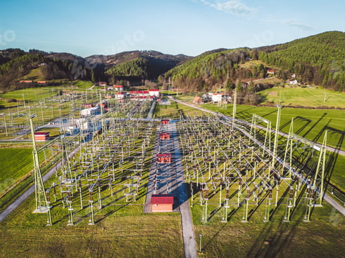 Preview: Aerial, drone view of electrical substation somewhere in the country side of Slovenia