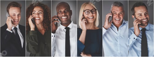 Preview: Diverse group of smiling businesspeople talking on cellphones