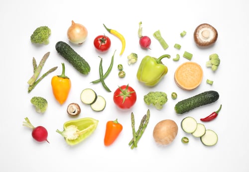Preview: Flat lay composition with fresh vegetables on white background