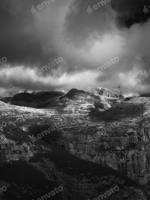 Preview: Rocky mountainside in Cadini di Misurina in black and white, Dolomites, Italy