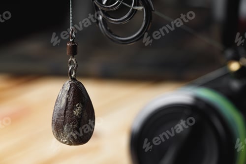 Preview: Lead sinker on wooden background macro shot
