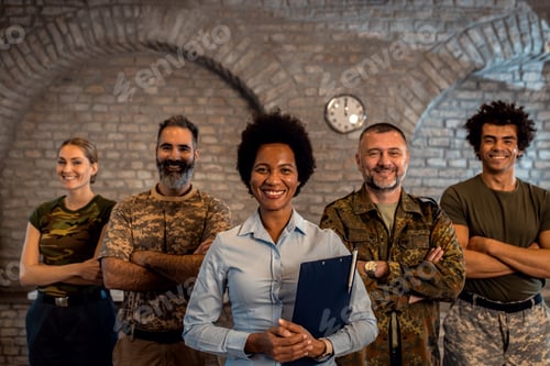 Preview: Portrait of smiling diverse veterans at PTSD support group.