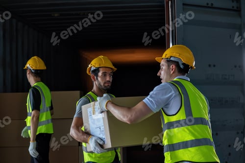 Preview: 3 Workers hand carry carton box take from 40 feet steel container one by one and stack on floor