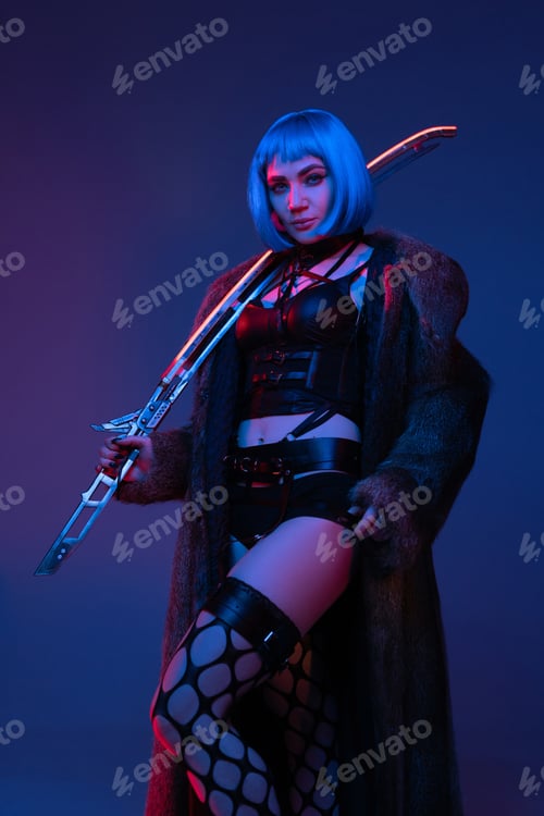 Preview: Fashionable cyberpunk woman with sword and fur coat