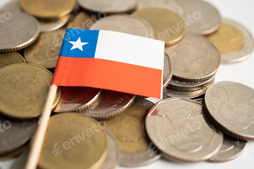 Preview: Stack of coins money with Chile flag, finance banking concept.