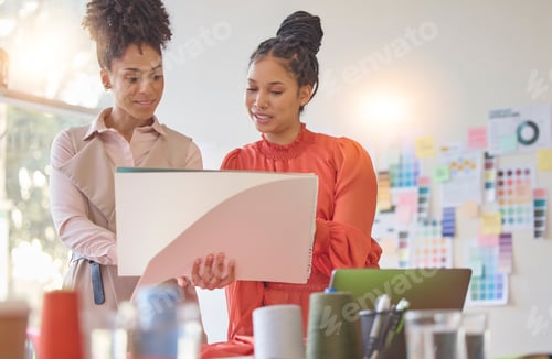 Preview: Teamwork, sketch or women planning fashion, clothing, fabrics or boutique clothes in office togethe