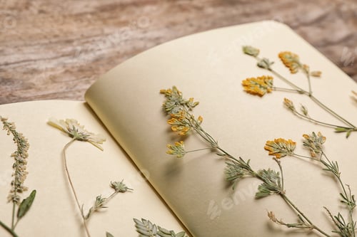 Preview: Wild dried meadow flowers in notebook on table, closeup