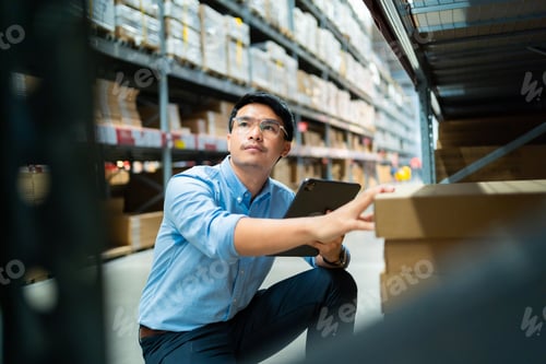 Preview: Portrait of Asian Chief Engineer checking product details in warehouse
