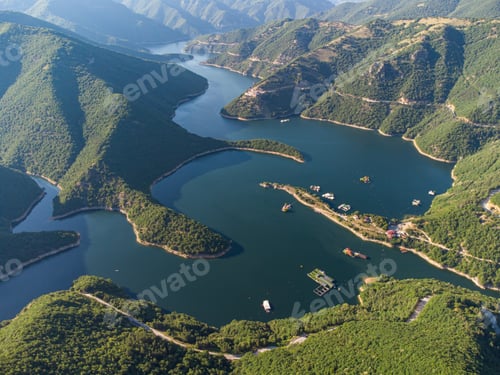 Preview: Aerial panoramic view of Vacha Reservoir located in Bulgaria near the Devin city, Rhodopa Mountains