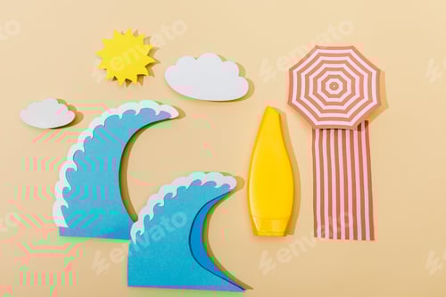 Preview: Top view of paper cut summer beach with tube of sunscreen on beige background