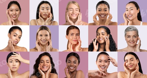 Preview: Diverse women enjoying skincare routines in vibrant backgrounds