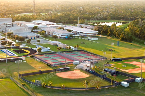 Preview: Sports facilities at public school in Florida, USA. American football stadium, tennis court