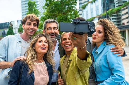 Preview: Diverse business professionals taking a group selfie in city