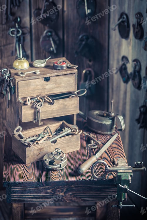 Preview: Vintage locksmiths workshop with tools, locks and keys