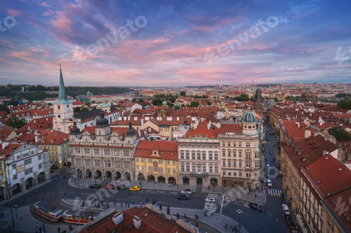 Preview: Aerial view of Malostranske Namesti Square at sunset - Prague, Czech Republic
