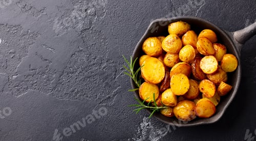 Preview: Roasted Baby Potatoes in Iron Skillet. Dark Grey Background. Copy space. Top view.