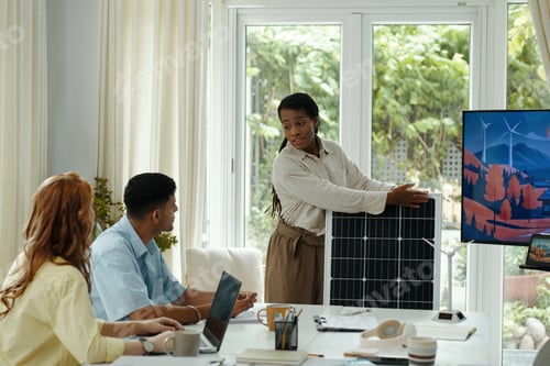 Preview: Woman Presenting Solar Battery At Presentation