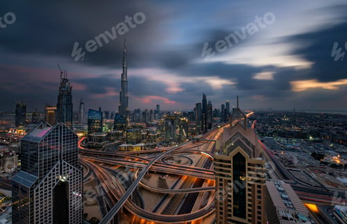 Preview: Cityscape of the Dubai, United Arab Emirates, with the Burj Khalifa and other skyscrapers under a