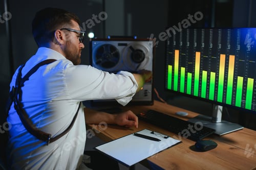 Preview: A male spy listens and records conversations on a reel-to-reel tape recorder