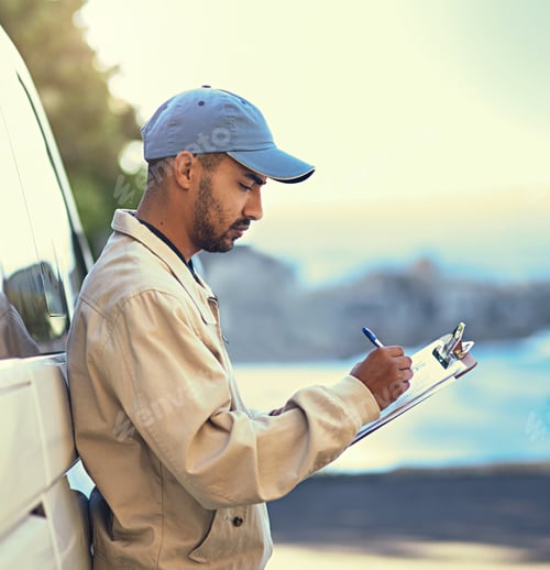 Preview: Van, clipboard and deliveryman writing for logistics information in city for ecommerce export. Chec