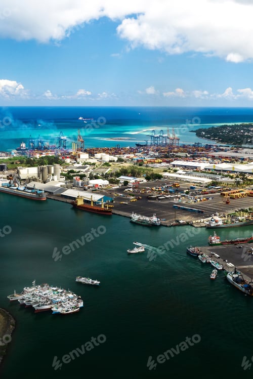 Preview: Aerial view of the port on the waterfront of PORT LOUIS, Mauritius, Africa