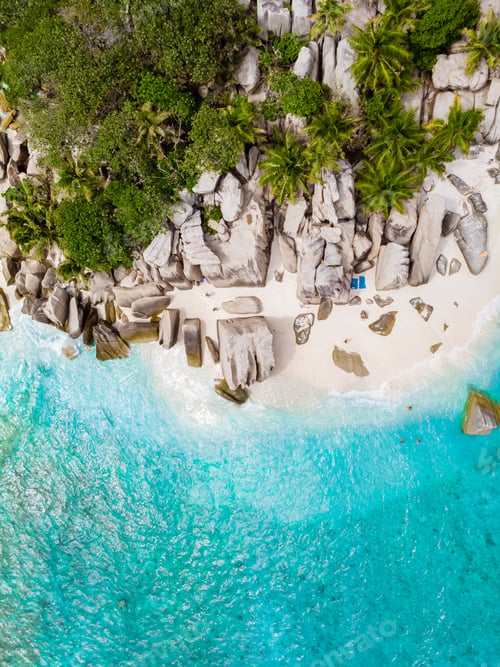 Preview: Drone view from above at a tropical beach in the Seychelles Cocos Island