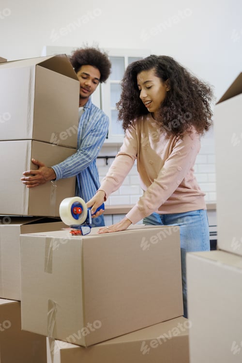 Preview: moving to new apartment relocation. happy couple an African American man and woman