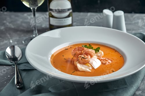 Preview: Fresh seafood soup in a white plate on dark background, side view
