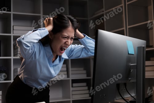 Preview: Stressful young Asian business woman having a mental breakdown after working too much, working overt