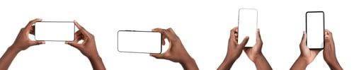 Preview: Woman holding mobile phone with blank screen on white background, closeup. Collage