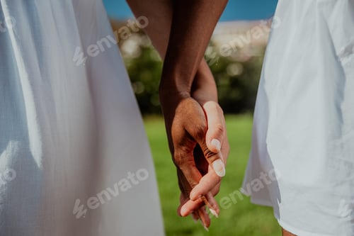 Preview: Two women are holding hands in a grassy field, black and white hand, diversity concept