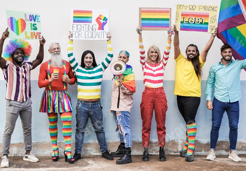 Preview: Multiracial gay people from different generations having fun at lgbt pride parade