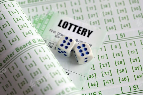 Preview: Lottery tickets and dice on blank bills with numbers for playing lottery
