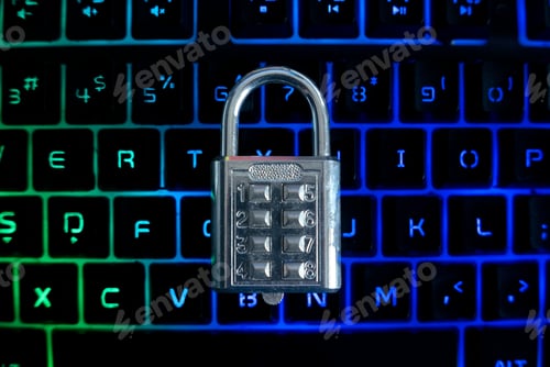Preview: Top view of padlock on a computer keyboard.lock, hacker, internet, keyboard, safety, information, cy