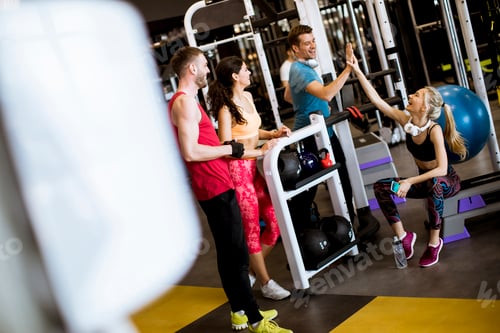 Preview: Friends in sportswear talking together while standing in a gym after a workout