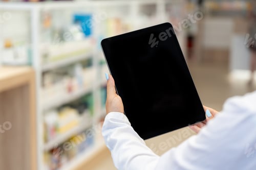 Preview: Pharmacist looking at the black screen of a digital tablet in the pharmacy