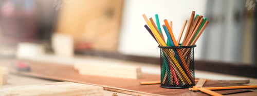 Preview: Pencil in basket on carpenter designer woodworking table with copy space