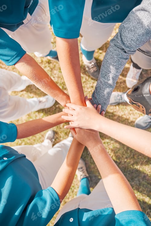 Preview: Support hands, team motivation and sports baseball game on field, collaboration in teamwork and peo