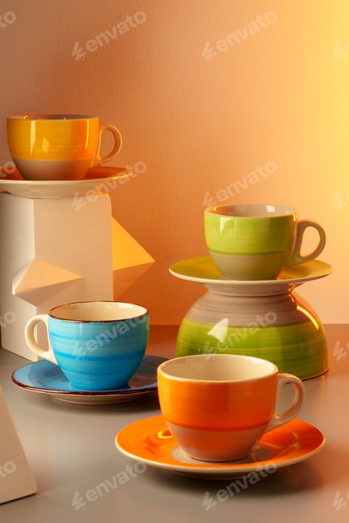 Preview: Colorful clay ceramic cups on gray background