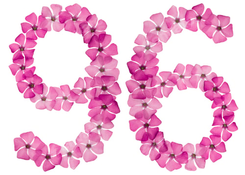 Preview: Numeral 96, ninety six, from natural pink flowers of periwinkle, isolated on white background