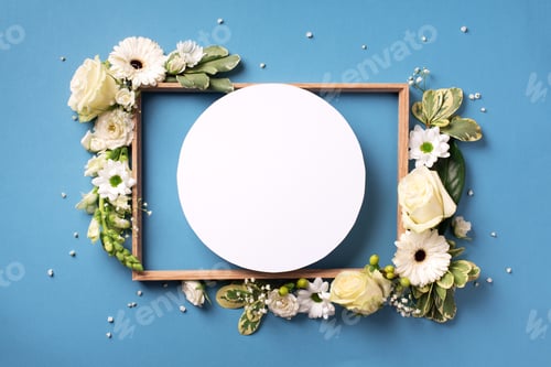 Preview: White roses, lily, gerbera and circle shape paper over blue background. Flat lay, top view. Creative