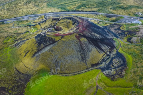 Preview: Aerial panoramic views of Grabrok volcano and lava valley from in Iceland