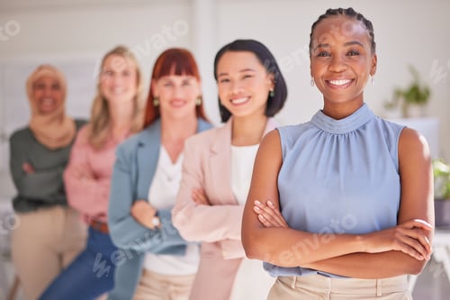 Vista previa: Portrait, diversity and women with smile, leadership and happy together to relax and happy. Busines