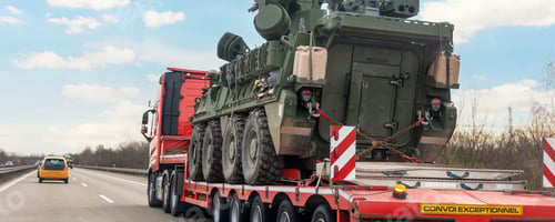 Preview: Back view armoured personnel carrier stryker with air defense system trailer hauler carrier truck