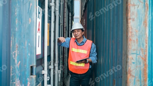 Preview: Worker engineer inspector man tablet safety helmet vest container shipping Male inspector