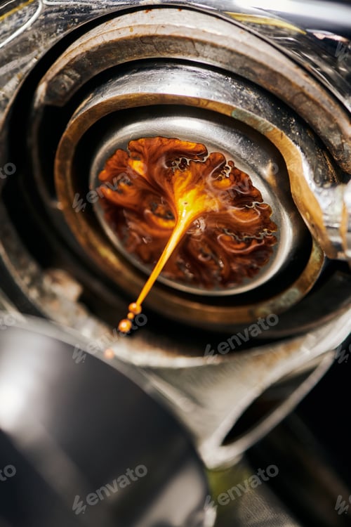 Preview: macro, black coffee, extraction, hot espresso dripping into cup, professional coffee machine